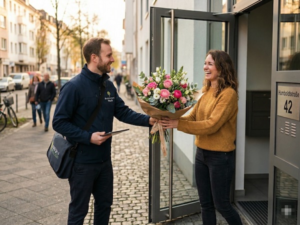 Frischer Blumenstrauß wird an eine glückliche Empfängerin übergeben